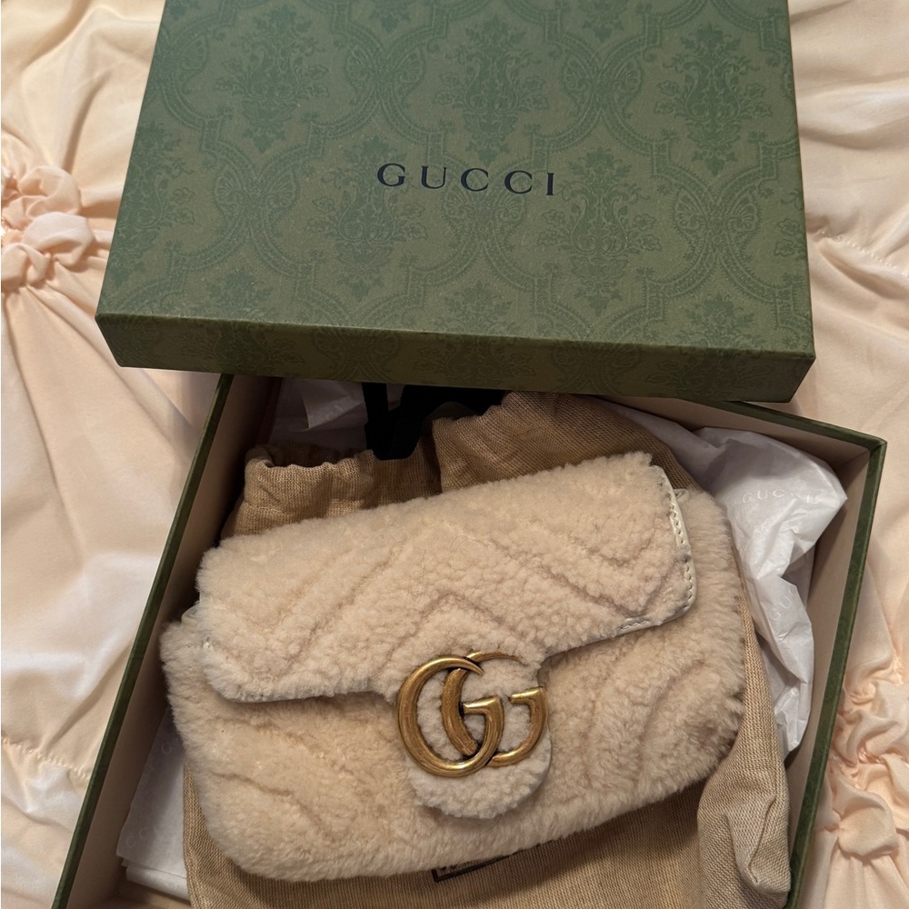 Gucci Cream Shearling Bag with Gold Emblem